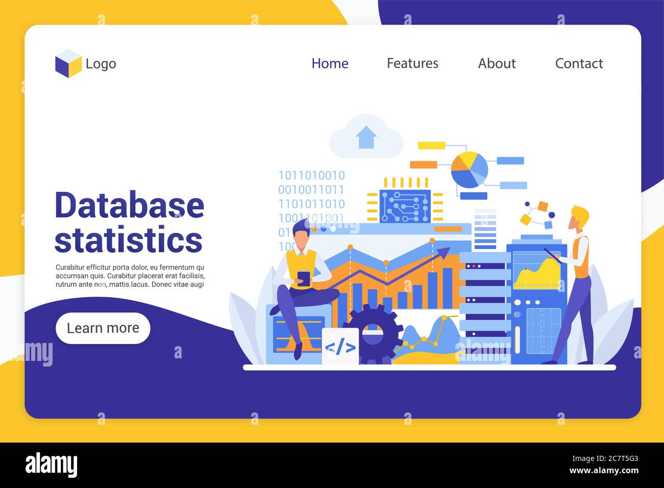Database statistics flat landing page vector template. Office managers, analysts faceless characters. Data collection, information overview, business development web banner homepage design layout Stock Vector