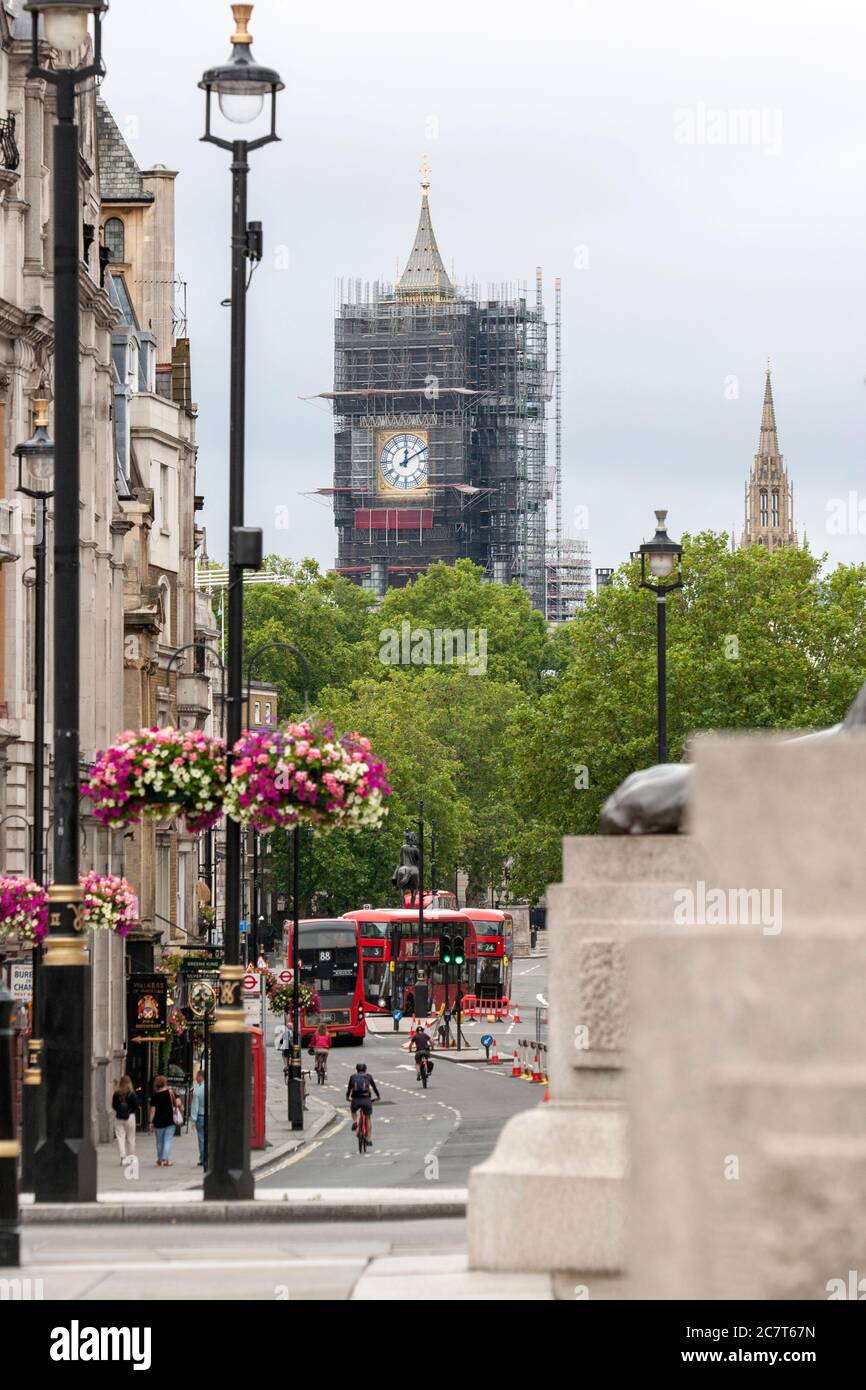 Scaffolding surrounds Big Ben as conservation work continues on the grade I listed building in July 2020. Westminster, London, England UK Stock Photo