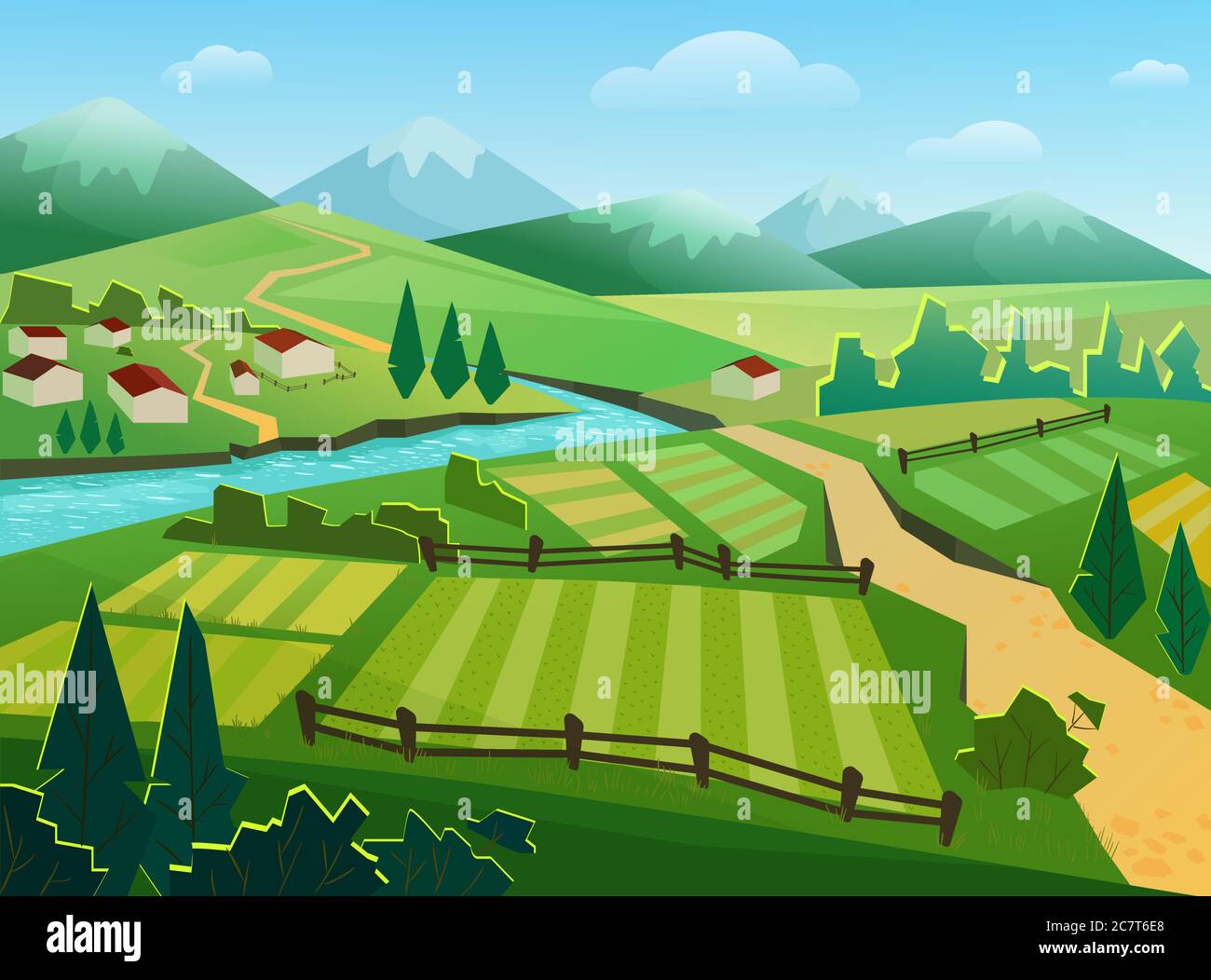 Green fields and mountains flat vector illustration. Rural landscape, countryside, village, small houses, cottages by river. Nature, ecologically clean region, hilly terrain, grassland and riverside Stock Vector