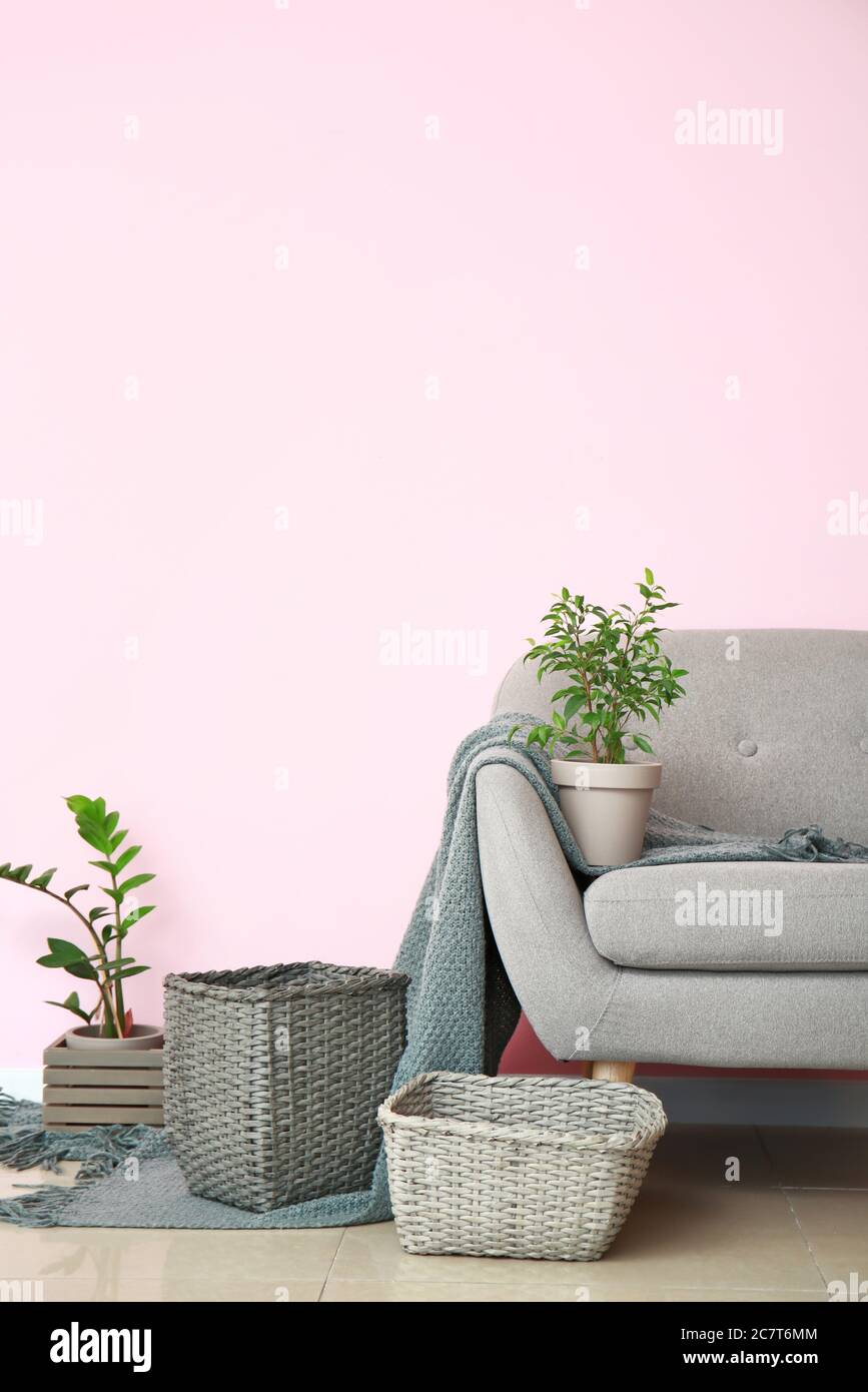 Armchair and wicker baskets with houseplants in room Stock Photo Alamy