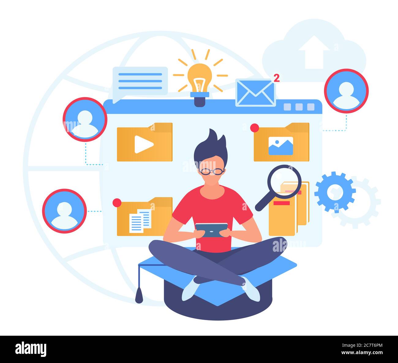 Distance learning flat vector illustration. Online studying service. Mobile settings. Media library management. Correspondenceeducation. Modern university website. Male student cartoon character Stock Vector