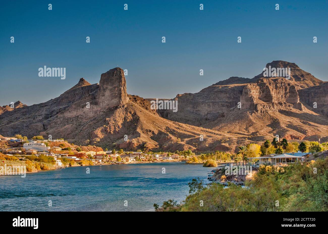 Buckskin Mountains over waterfront houses in Parker, Colorado River