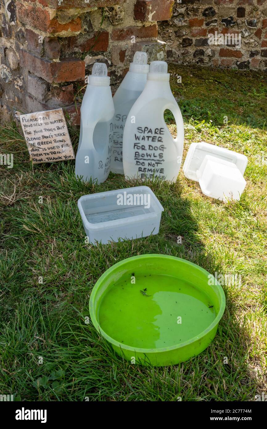 Dog bowl and bottles of drinking water put out for public use, UK Stock Photo