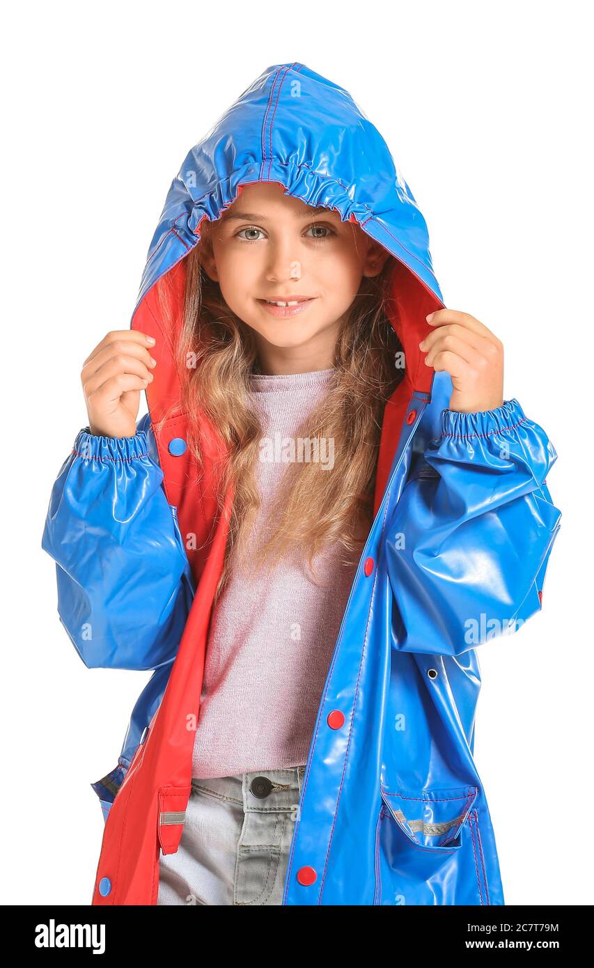 Cute little girl in raincoat on white background Stock Photo Alamy