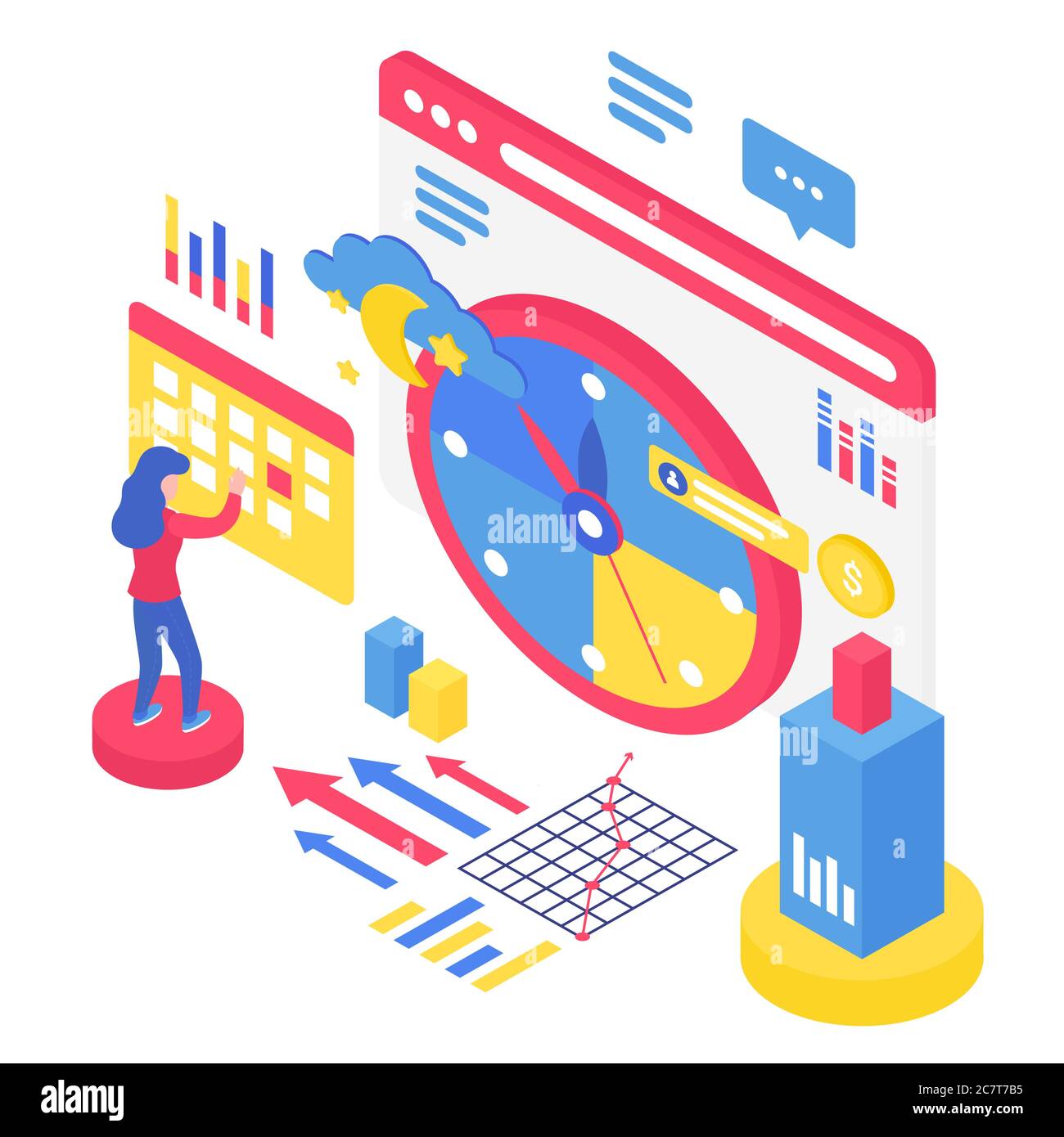 Time management isometric vector illustration. Monthly scheduling to meet project deadlines. Digital service to help organizing timetable. Online platform cartoon conceptual design element Stock Vector
