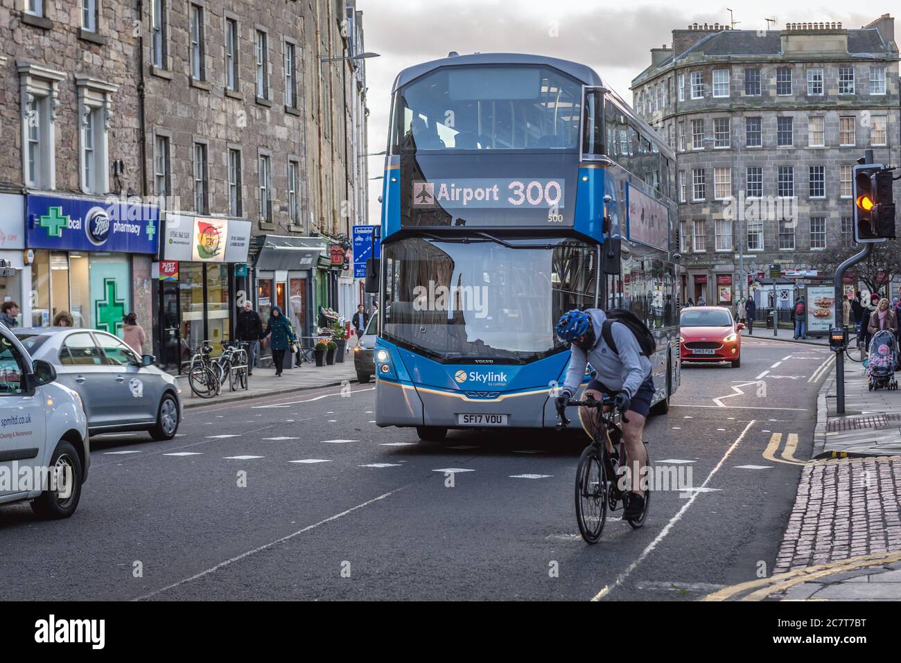 SkyLink double decker aiport bus on St Patrick Street in Edinburgh, the capital of Scotland, part of United Kingdom Stock Photo
