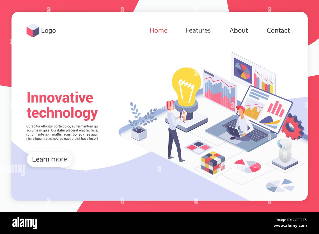 Innovative technology isometric landing page vector template. Male programmers faceless characters. Programming, software development, technological breakthrough web banner homepage design layout Stock Vector