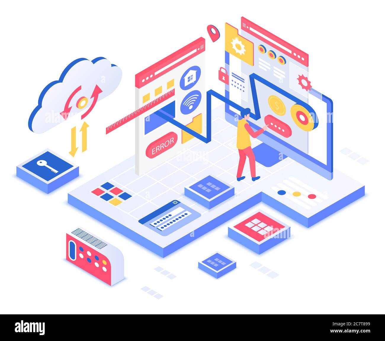 SEO isometric vector illustration. Search engine optimization service. Business, marketing. Data analysis and information management. Online technology customization cartoon conceptual design element Stock Vector