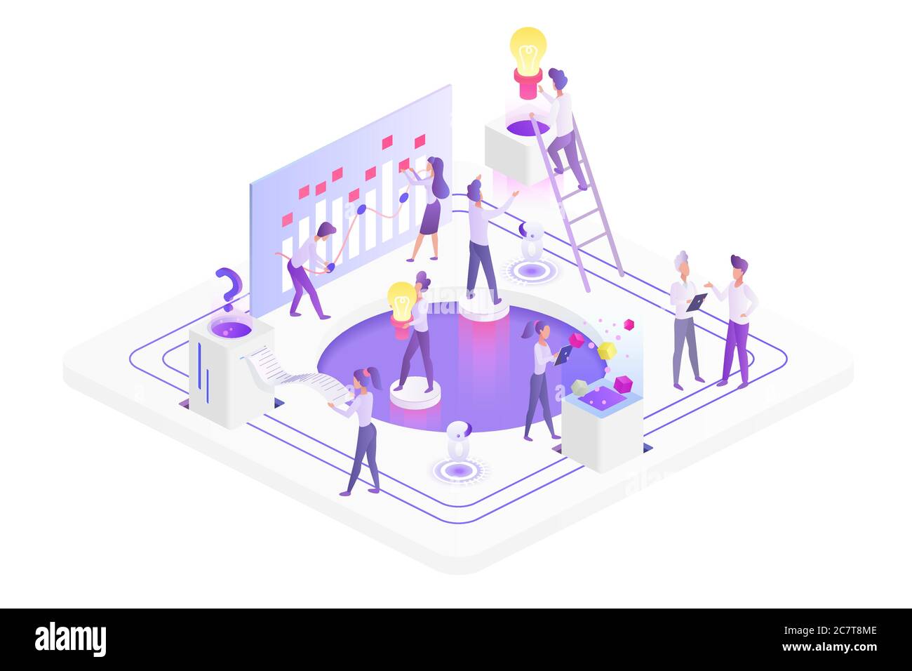 Team working isometric vector illustration. Building new company together. Corporate unity. Business management. Collaboration and partnership. Online startup cartoon conceptual design element Stock Vector