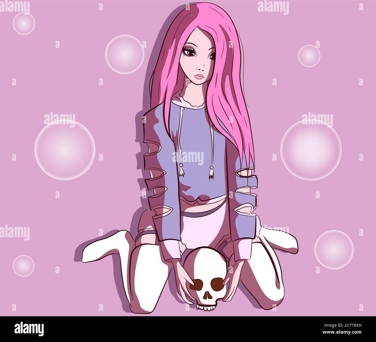 Millennial teenager in pastel goth clothes holding a skull in her hands. Girl with pink hair sitting. Divination and ritual conceptual art. Stock Vector