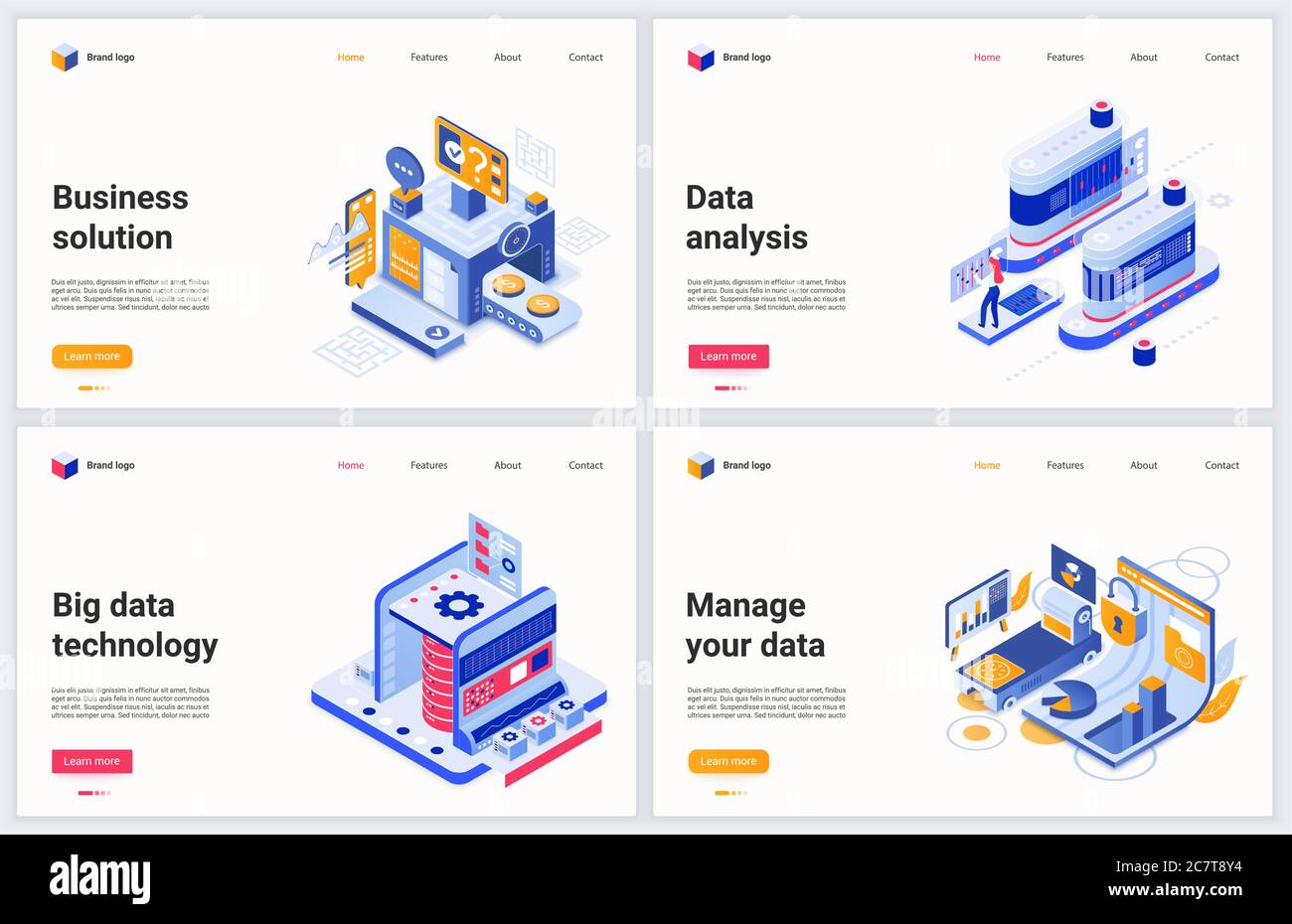 Isometric business analysis and data management vector illustration. Modern concept interface design set for mobile website with cartoon 3d digital managing, financial report analyzing technology Stock Vector