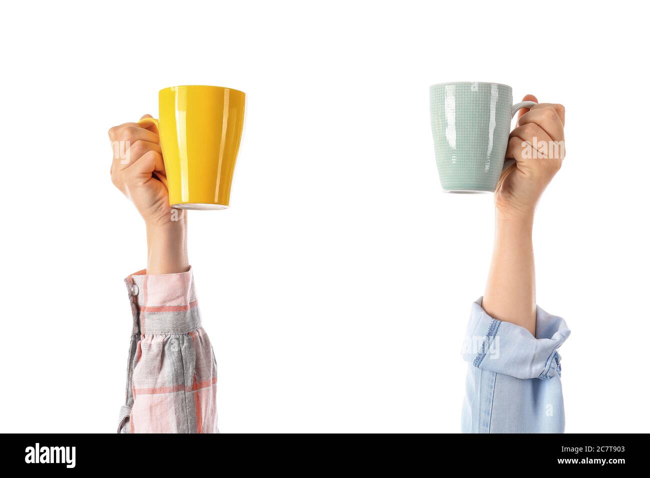Hands with cups of hot coffee on white background Stock Photo - Alamy