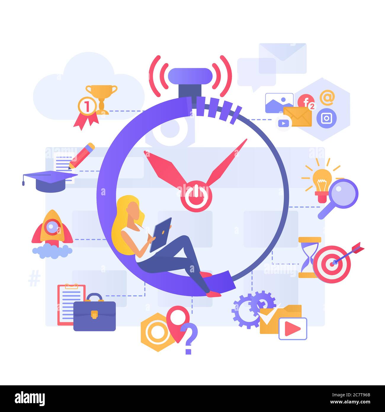 Time management flat vector illustration. Planning daily tasks. Scheduling monthly routine. Organizing work and study. Countdown, timetable. Process stages. Woman cartoon character Stock Vector