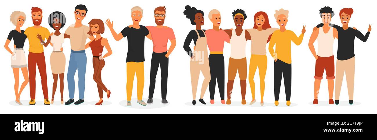 Friends vector illustration. Cartoon flat young man woman characters of different races standing in row together, crowd of friends people group smiling and hugging, friendship union isolated on white Stock Vector