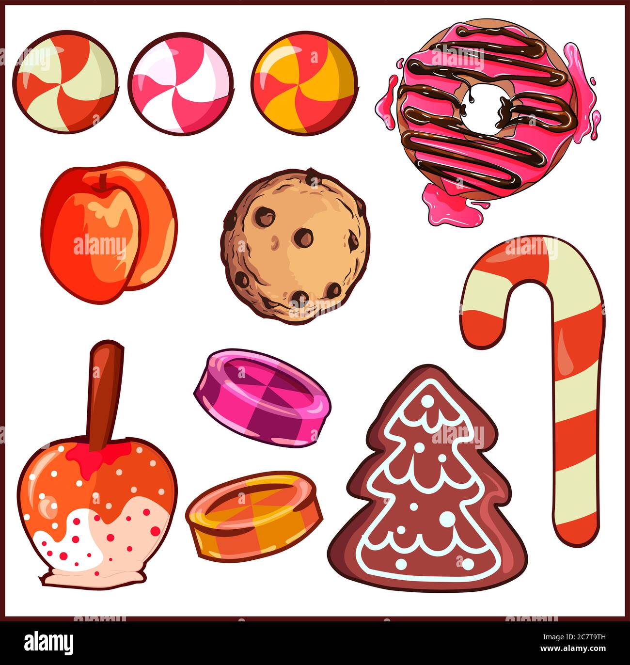 Design elements pack with different type of sweets and desserts. Candies, cookies, fruits and donuts elements pack. Stock Vector