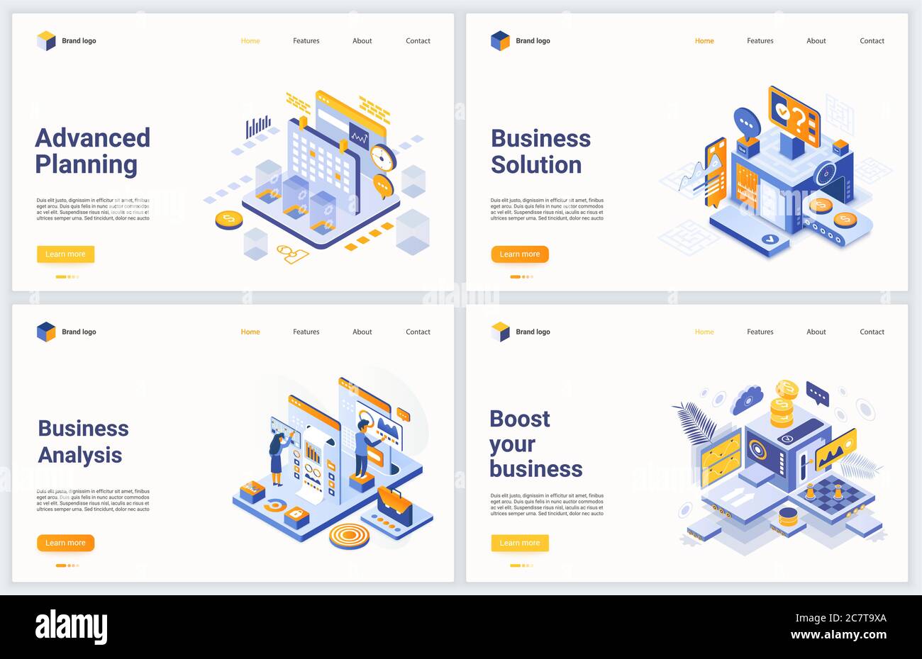 Isometric business data analysis process vector illustration. Modern concept interface design set for mobile website with cartoon 3d digital technology, processing, analyzing financial database report Stock Vector