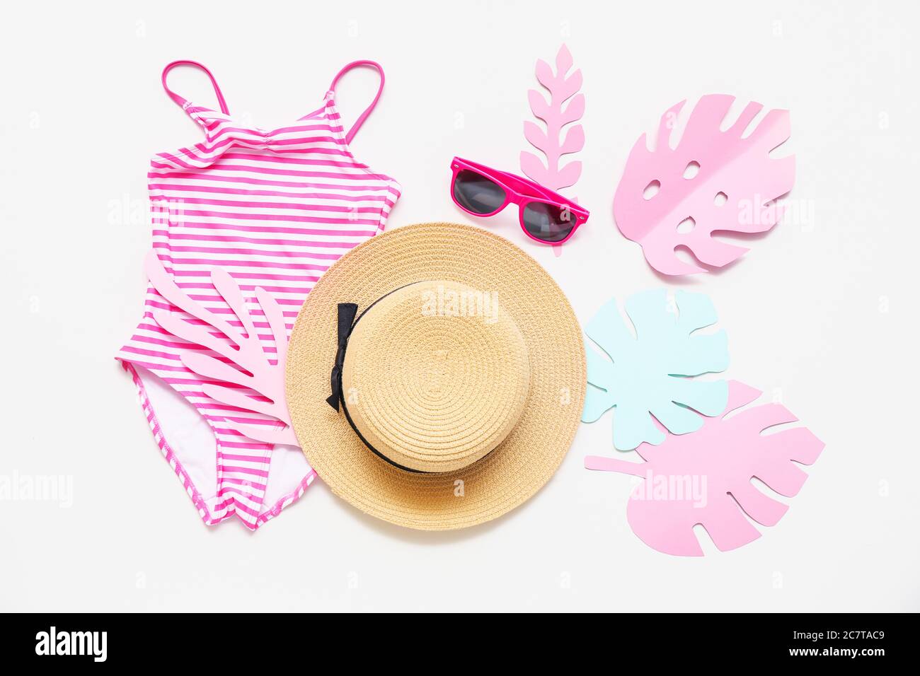 Composition with beach accessories on white background Stock Photo