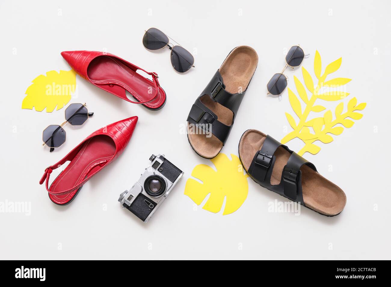 Composition with beach accessories on white background Stock Photo