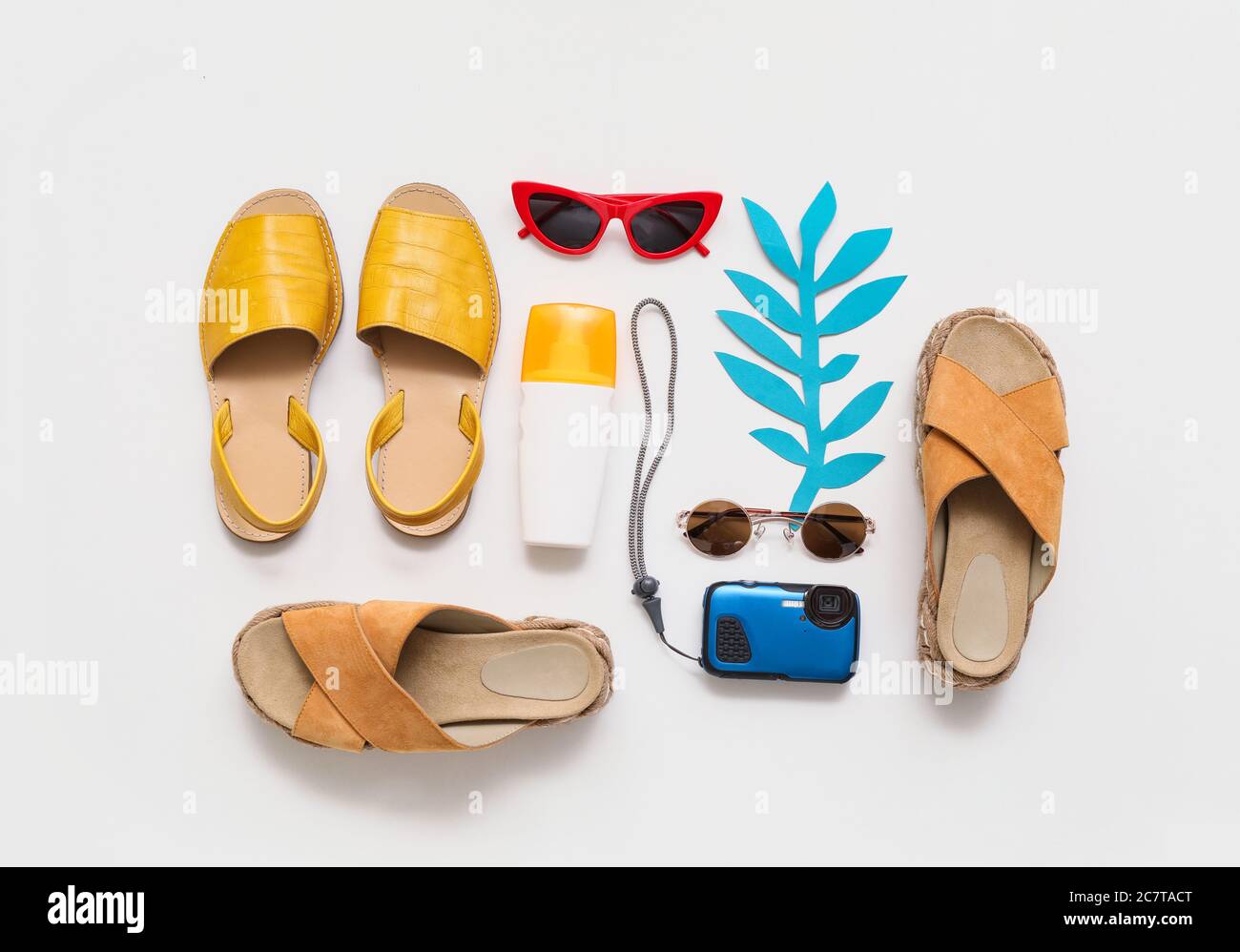 Composition with beach accessories on white background Stock Photo