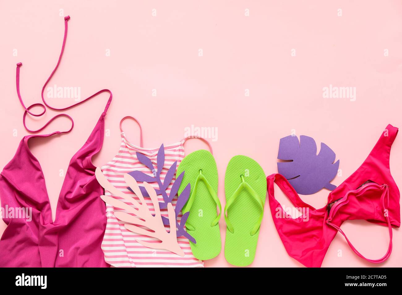 Composition with beach accessories on color background Stock Photo