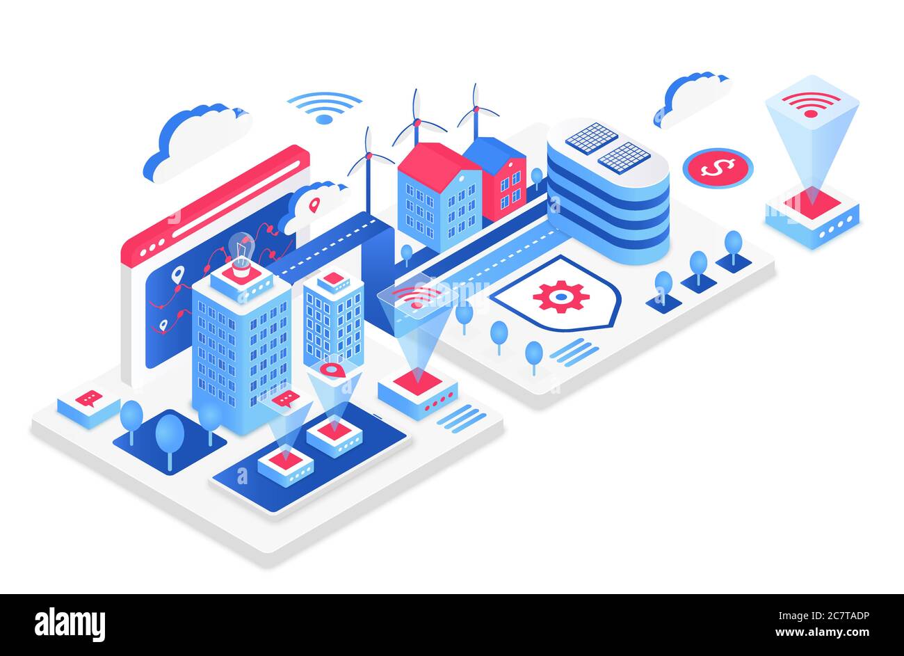 Smart city isometric vector illustration. White virtual cityscape. Internet of things and IT. Futuristic communication and infrastructure. Innovative technology cartoon conceptual design element Stock Vector