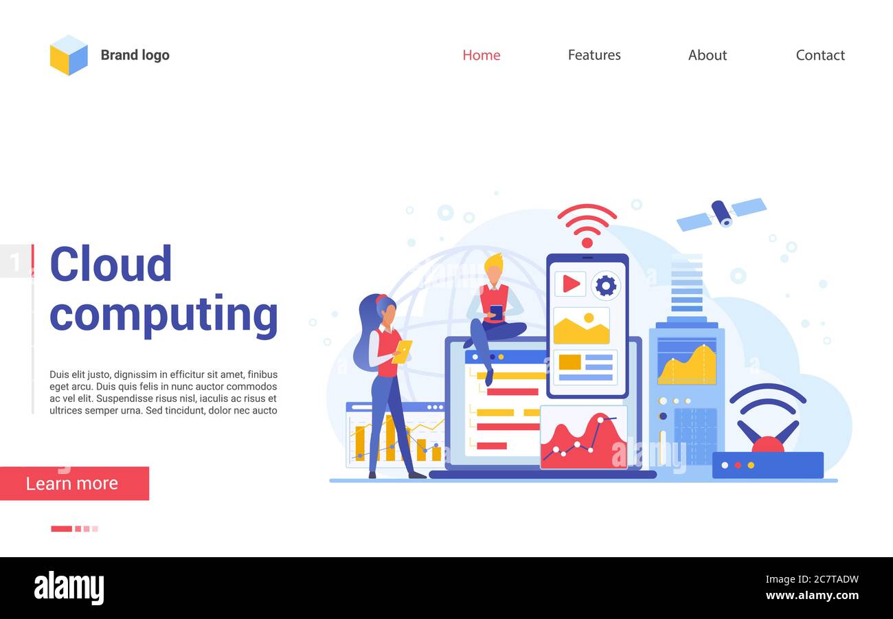 Modern cloud computing technology landing page template flat vector illustration concept. Data storage protection, computing science disk services, connection innovations Stock Vector