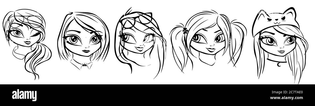 Digital sketches of five different young women heads for colouring books. Stock Vector