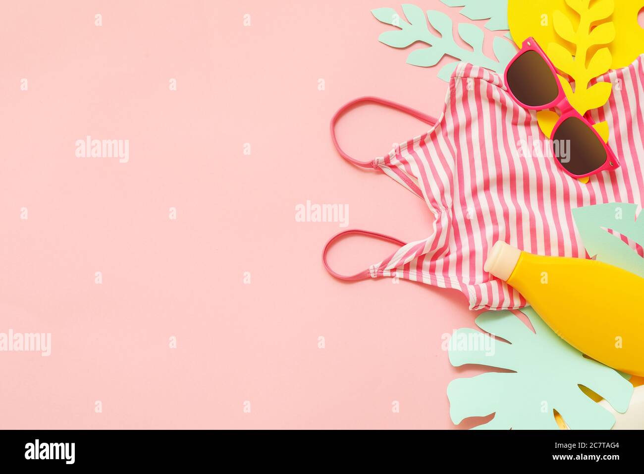 Composition with beach accessories on color background Stock Photo