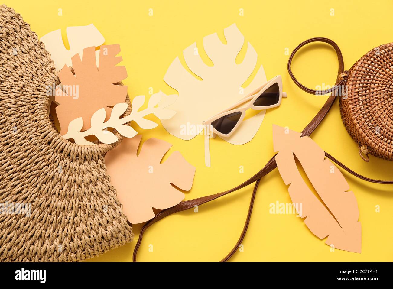 Composition with beach accessories on color background Stock Photo