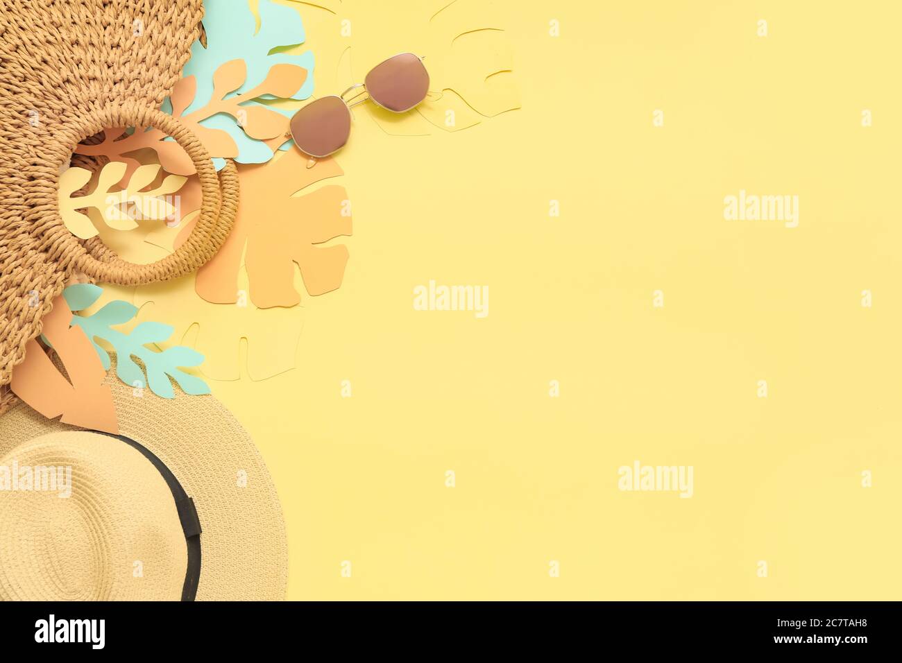 Composition with beach accessories on color background Stock Photo
