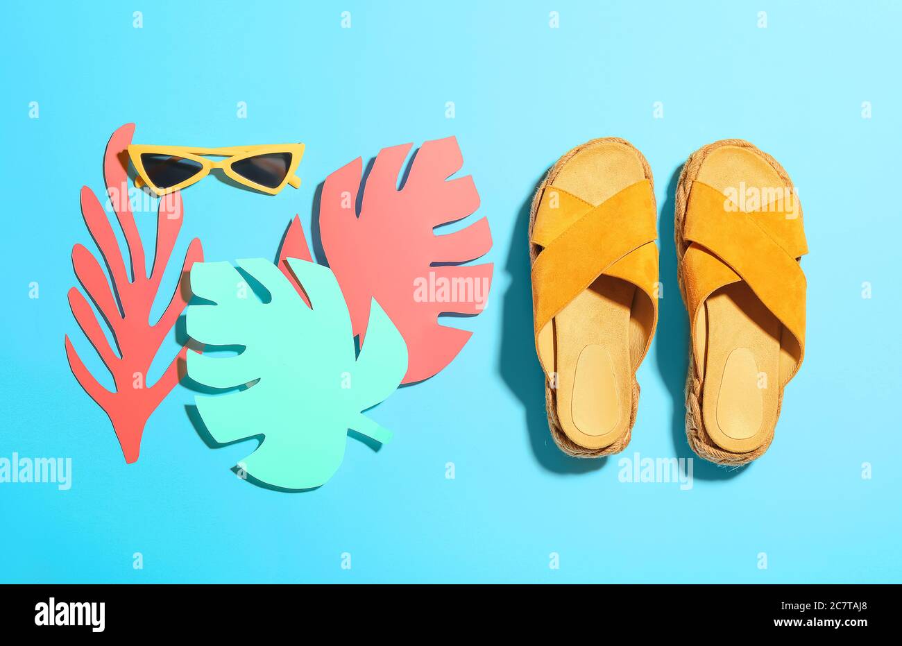 Composition with beach accessories on color background Stock Photo
