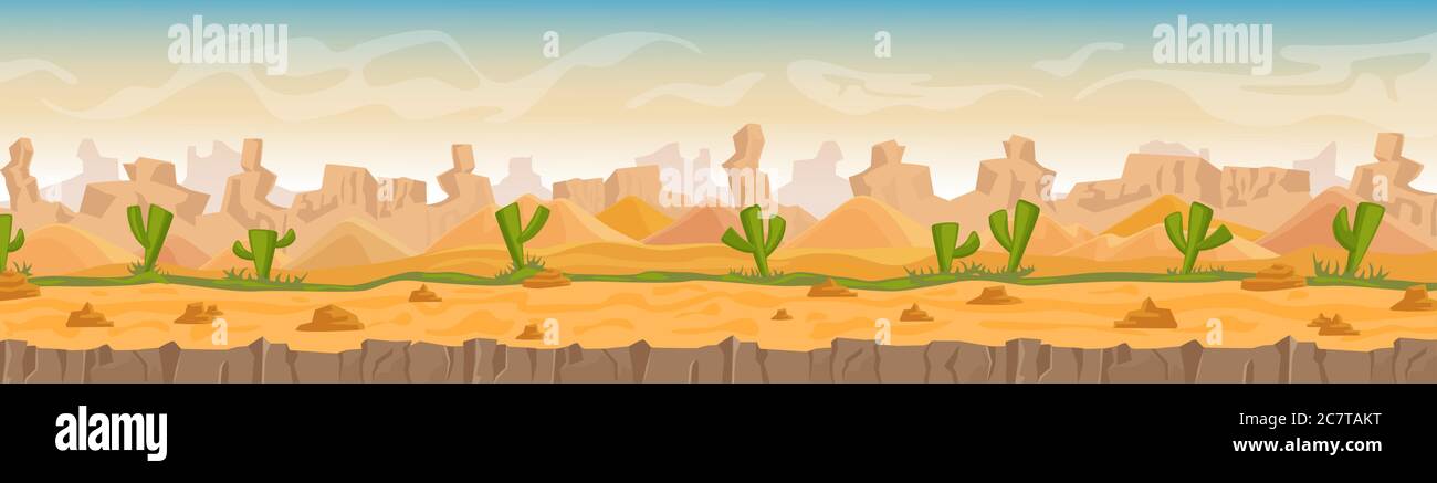 Sandy and stony hot desert landscape cartoon vector illustration background  banner. Panorama Wild waterless nature in orange colors. Green cactuses,  stones, sand dunes and high mountains game style Stock Vector Image &