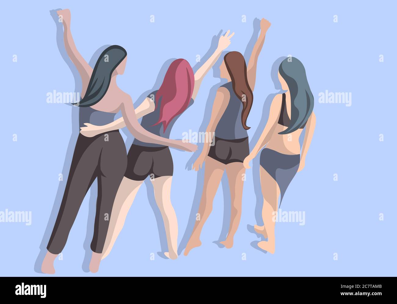 Flat 4 friends. Girl back Side vector. Person Dancing from the back. Girl pose from behind. Holding back Dancing.