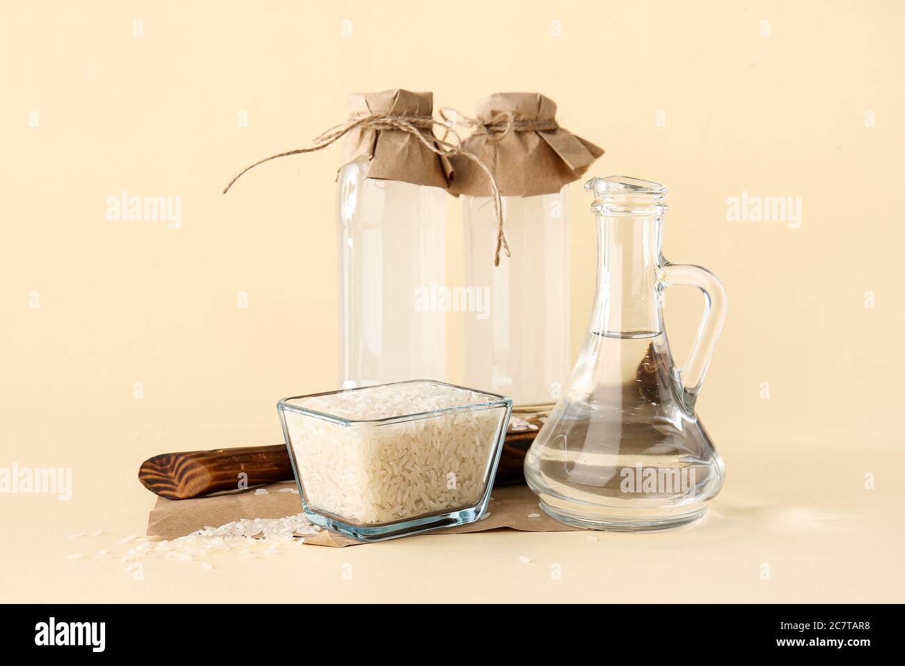 Bottles of rice water on color background Stock Photo Alamy