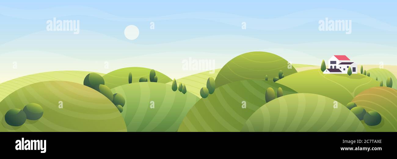Sunny summer rural landscape vector illustration. Cartoon comic flat farm house with red roof, stylized rounded farmland field on green grass half round hills. Countryside nature fantasy background Stock Vector