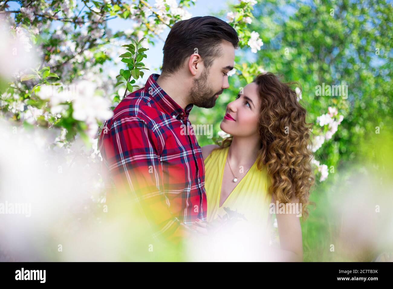 Couple kissing at blooming tree hi-res stock photography and images - Alamy