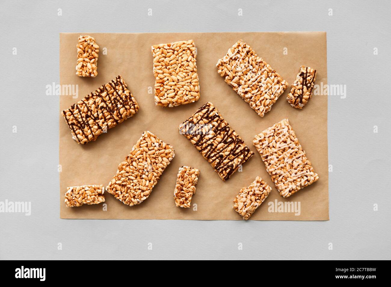 Crispy rice bars on grey background Stock Photo - Alamy