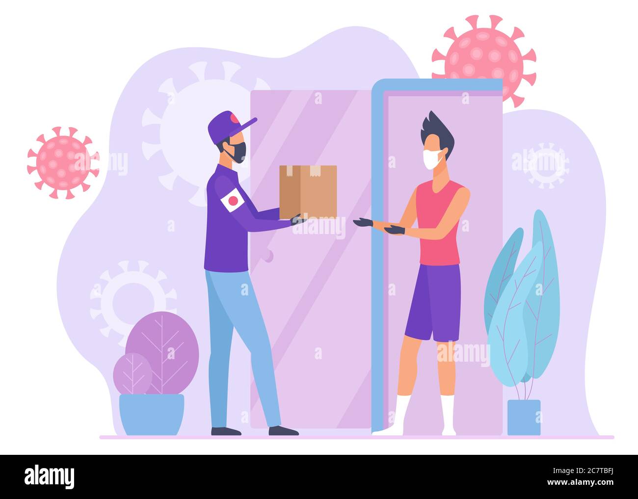 Food delivery courier delivers parcel to self isolated people concept flat vector illustration. Courier and customer in gloves, face medical masks keep safe distance during quarantine covid 19 Stock Vector