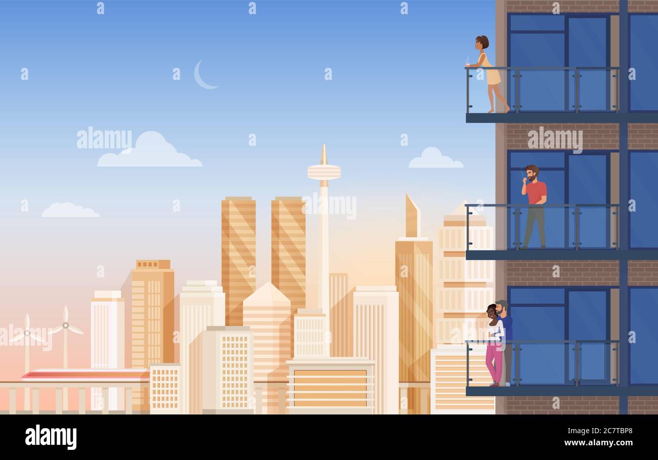 Apartment balcony with city view vector illustration. Cartoon flat couple people, man woman characters rest and relax, enjoy panoramic urban cityscape with beautiful modern building, office skyscraper Stock Vector