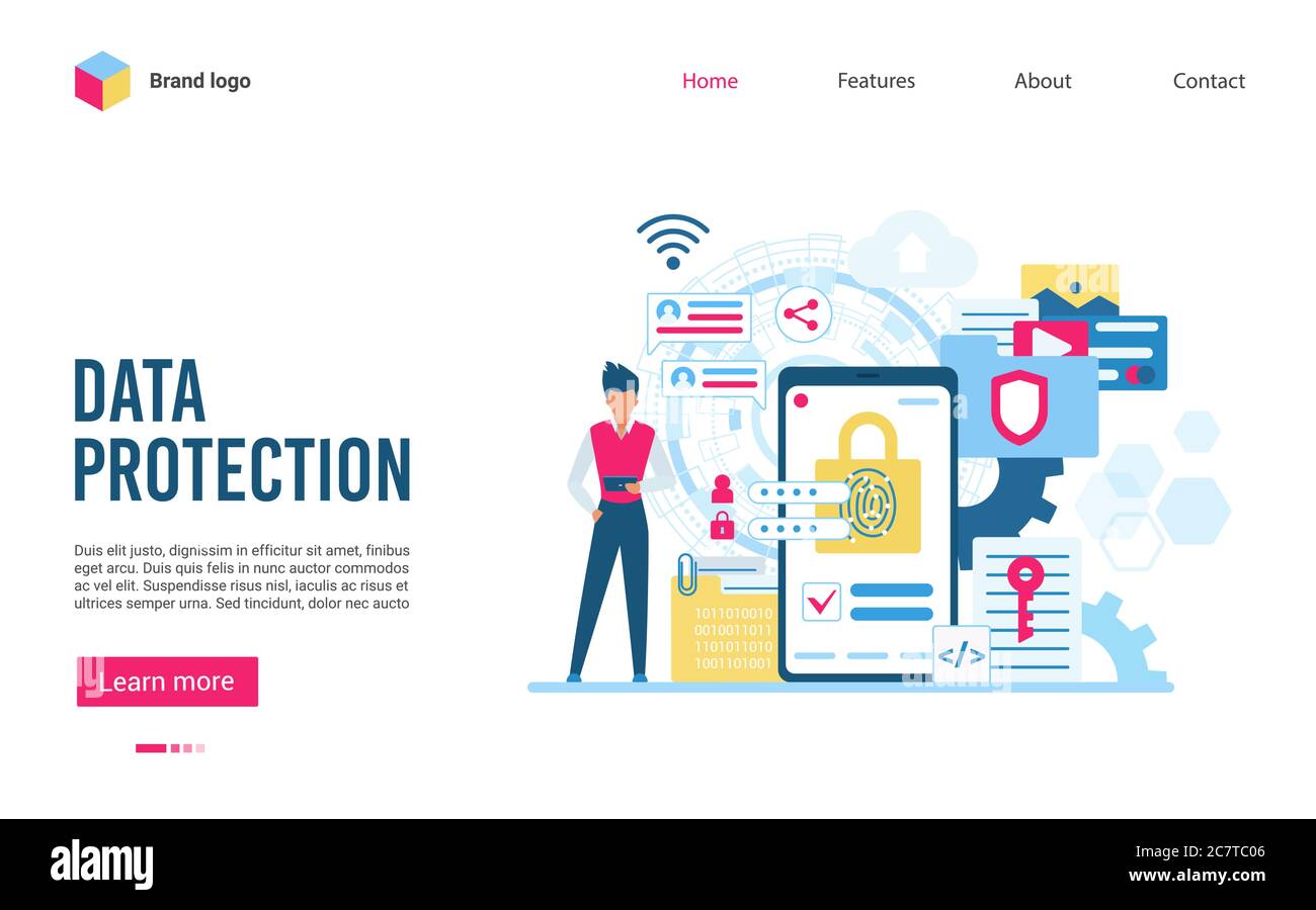 Data Protection software and privacy flat vector illustration web landing template page. Confidential data acces, internet security, antivirus software services, business cloud computing security Stock Vector
