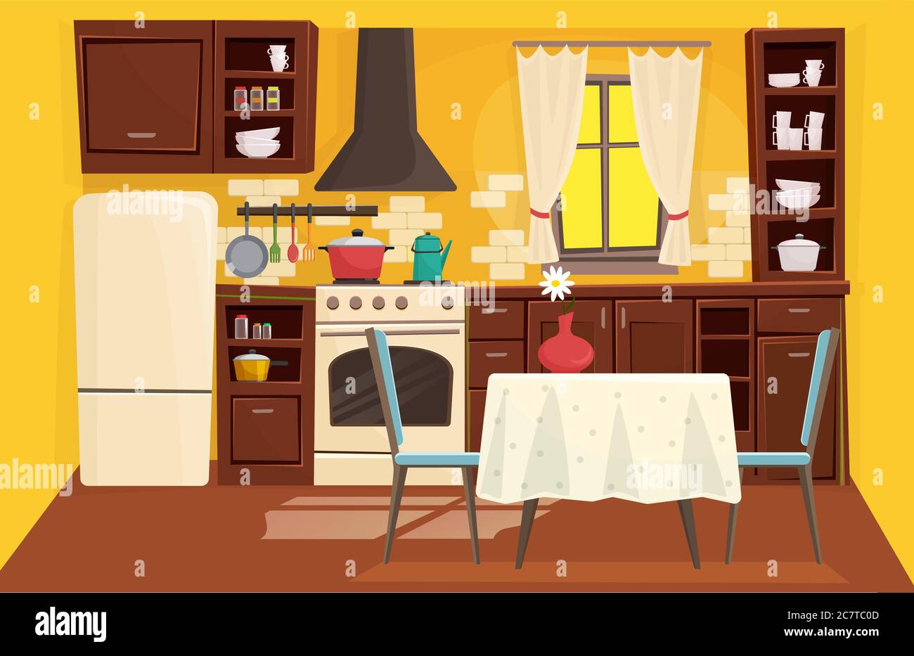 Traditional classic wooden kitchen interior flat cartoon game style vector  illustration. Sunny bright space, window with nice curtains, compact  situated furniture, household appliances Stock Vector Image & Art - Alamy