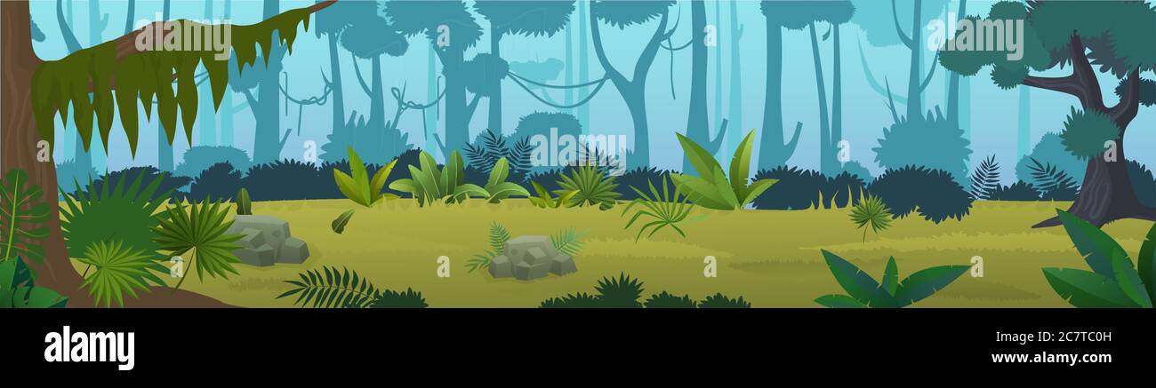 Tropical jungle panorama cartoon vector illustration background. Panoramic game design wild world nature forest, dense vegetation, green high trees, various plants, grass, lianas Stock Vector
