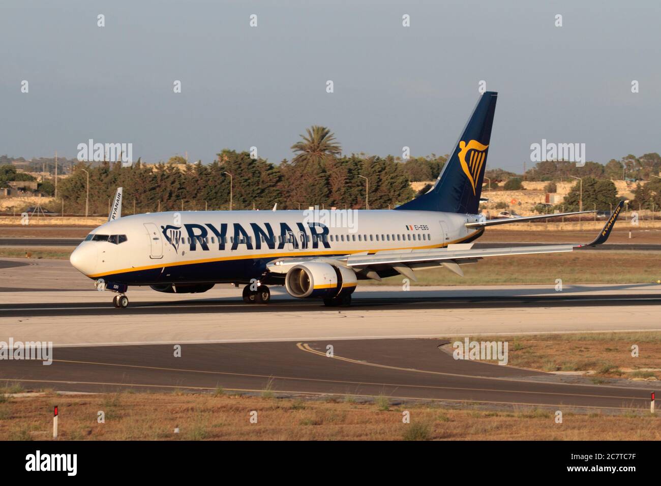 Ryanair plane. Boeing 737-800 passenger jet airplane flown by low cost airline Ryan air on the runway after arriving in Malta Stock Photo