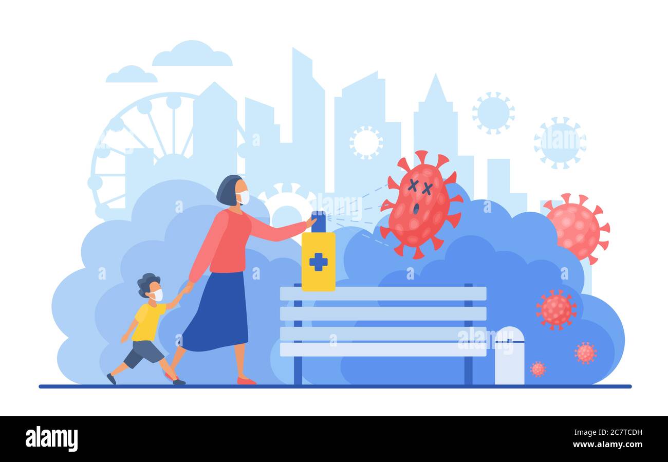 Woman with small kid walking in city public park and disinfecting contact place from coronavirus flat vector illustration. Corona virus cleaning and disinfection. Epidemic covid-19 concept Stock Vector