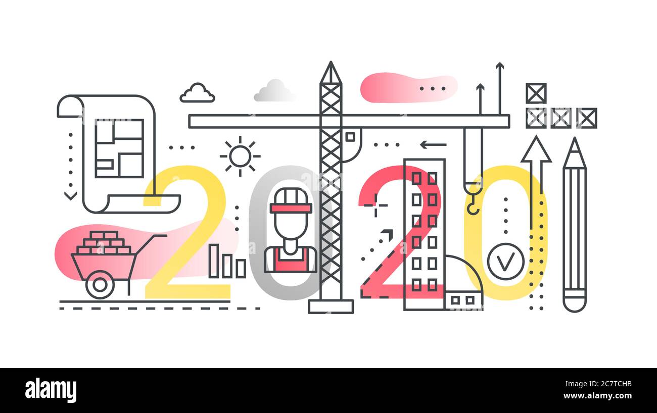 Building construction 2020 thin line vector illustration for web site design, abstract flat webpage interface, creative banner with technical process, development in architecture business technology Stock Vector