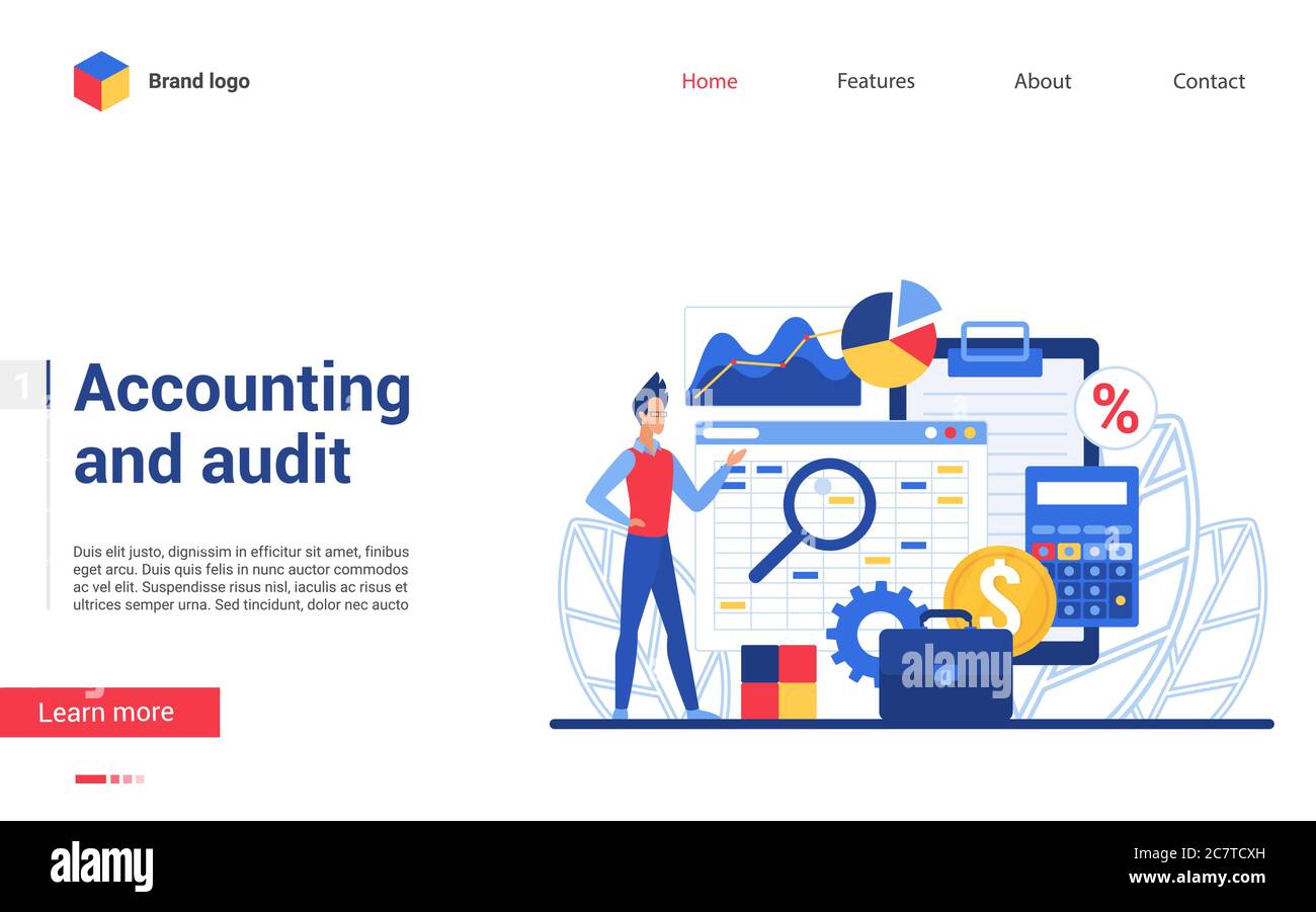 Business accounting and financial audit vector illustration. Flat cartoon accountant character making auditing process with analysis review, tax report. Business service interface design for web site Stock Vector