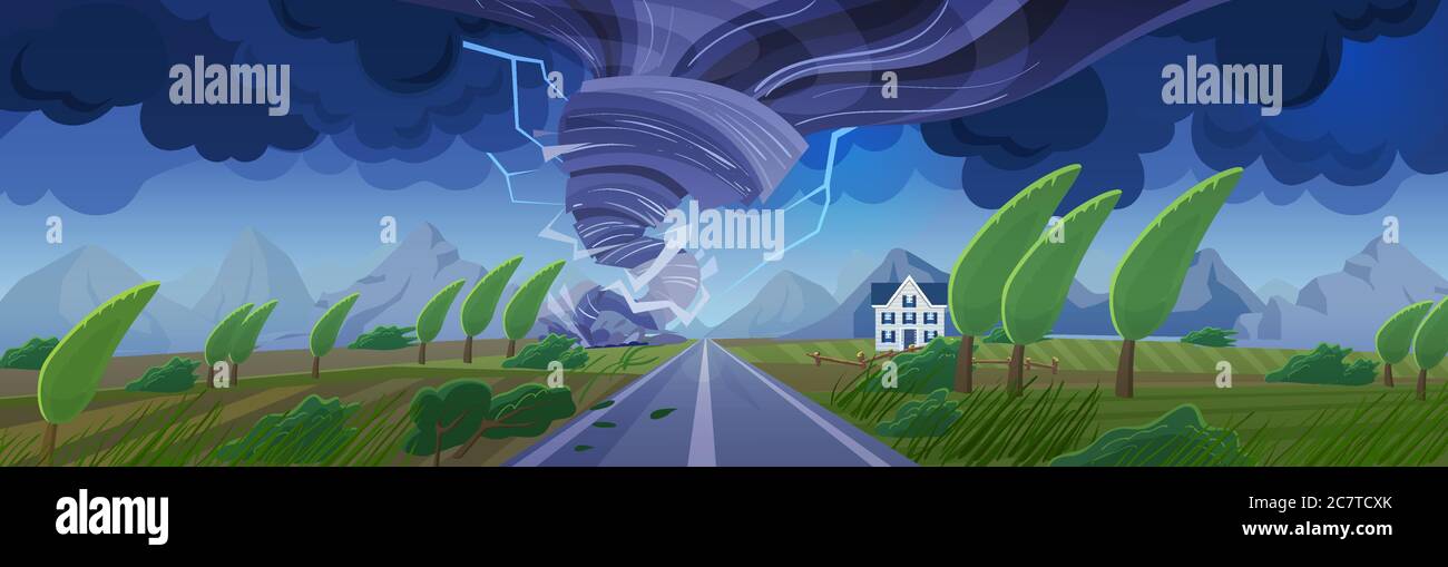 Storm with tornado flat cartoon panorama landscape vector illustration background. Panoramic Nature catastrophe in fields with road to mountains. Cyclone hurricane natural disaster Stock Vector