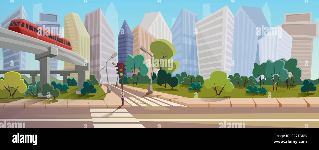 City crossroad cartoon landscape panorama vector illustration background. Wide empty street without people and cars, coronavirus epidemic time, sidewalks, traffic light, parks with trees Stock Vector