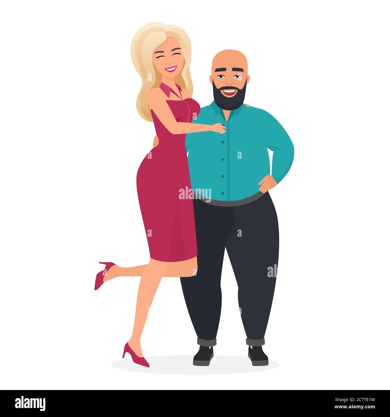 Atypical weird interracial couple flat vector illustration. Beautiful blond podium model woman on heels in elegant dress with low hight fat overweight bald bearded man. Unequal marriage. Stock Vector