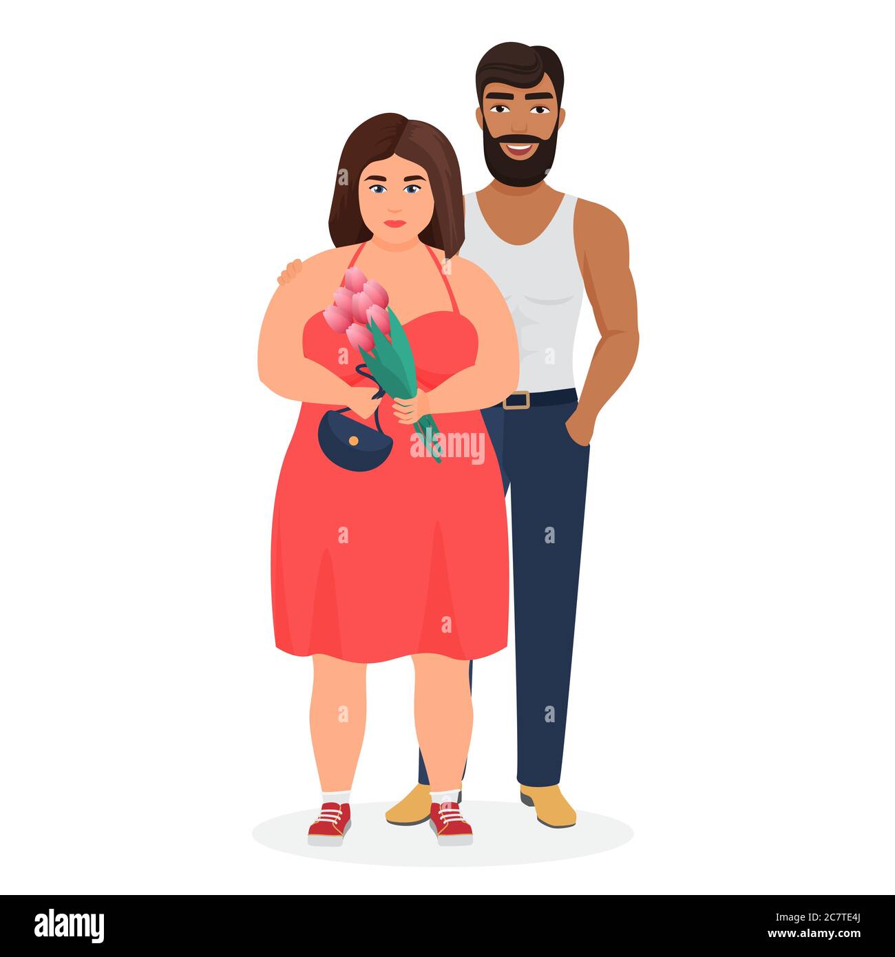 Strong dark skin man and curvy fat caucasian woman couple characters flat vector illustration. Lovely family portrait, unequal marriage, love against stereotypes, strange couple. Stock Vector